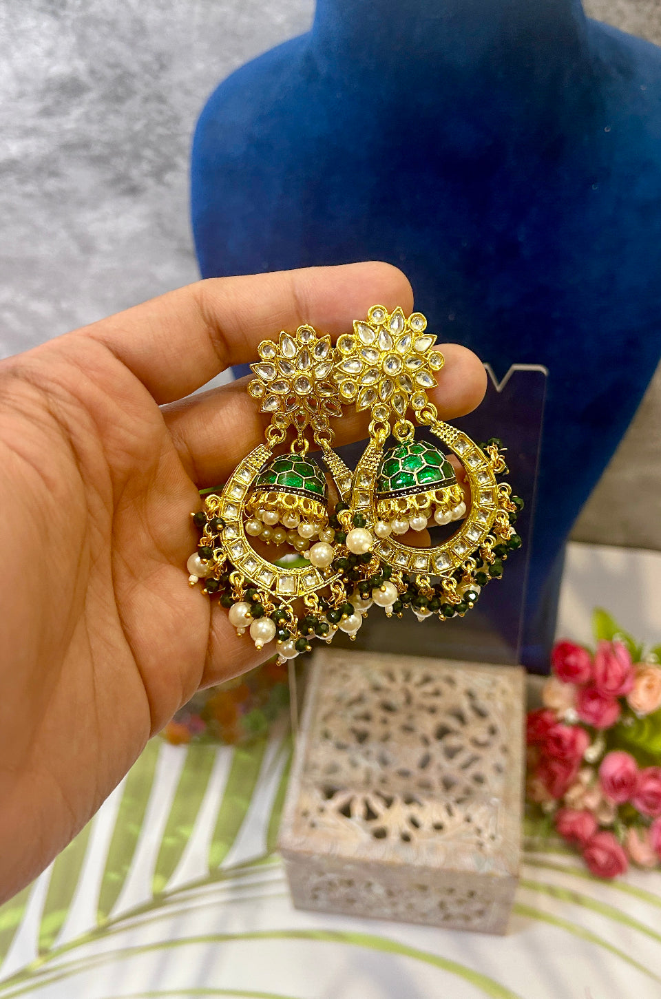 Pearl cluster green jhumka