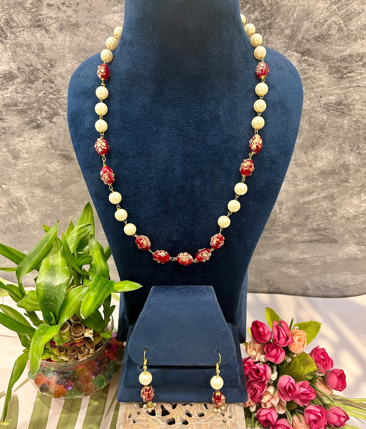 Red White Pearl Necklace