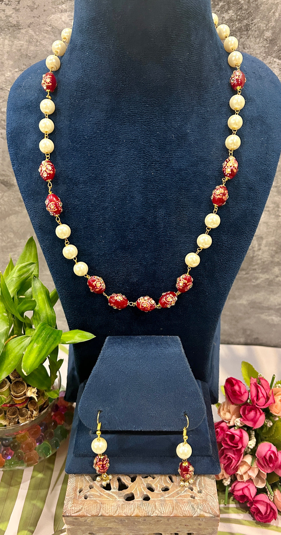 Red White Pearl Necklace