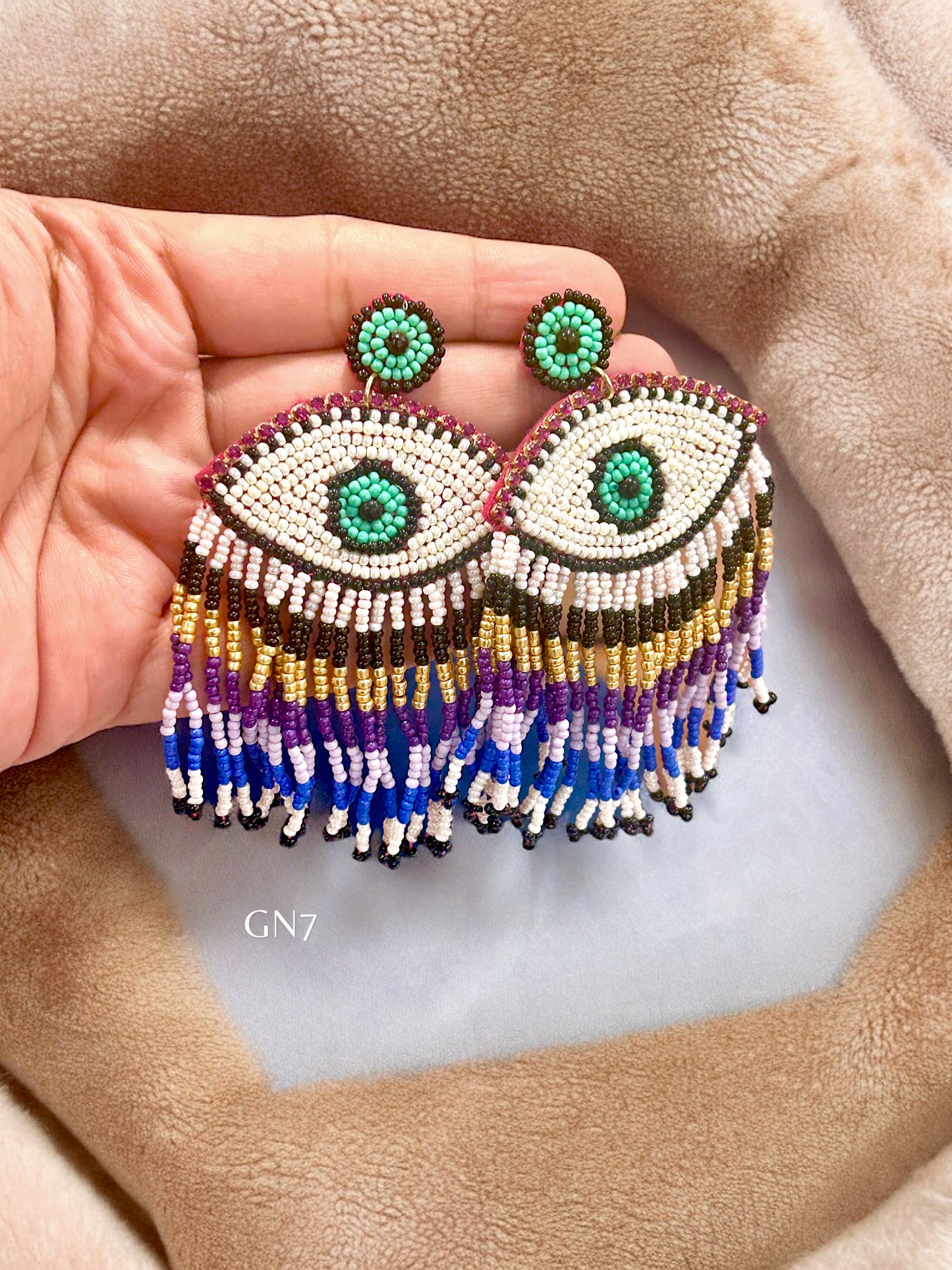 Evil Eye green white beaded earrings