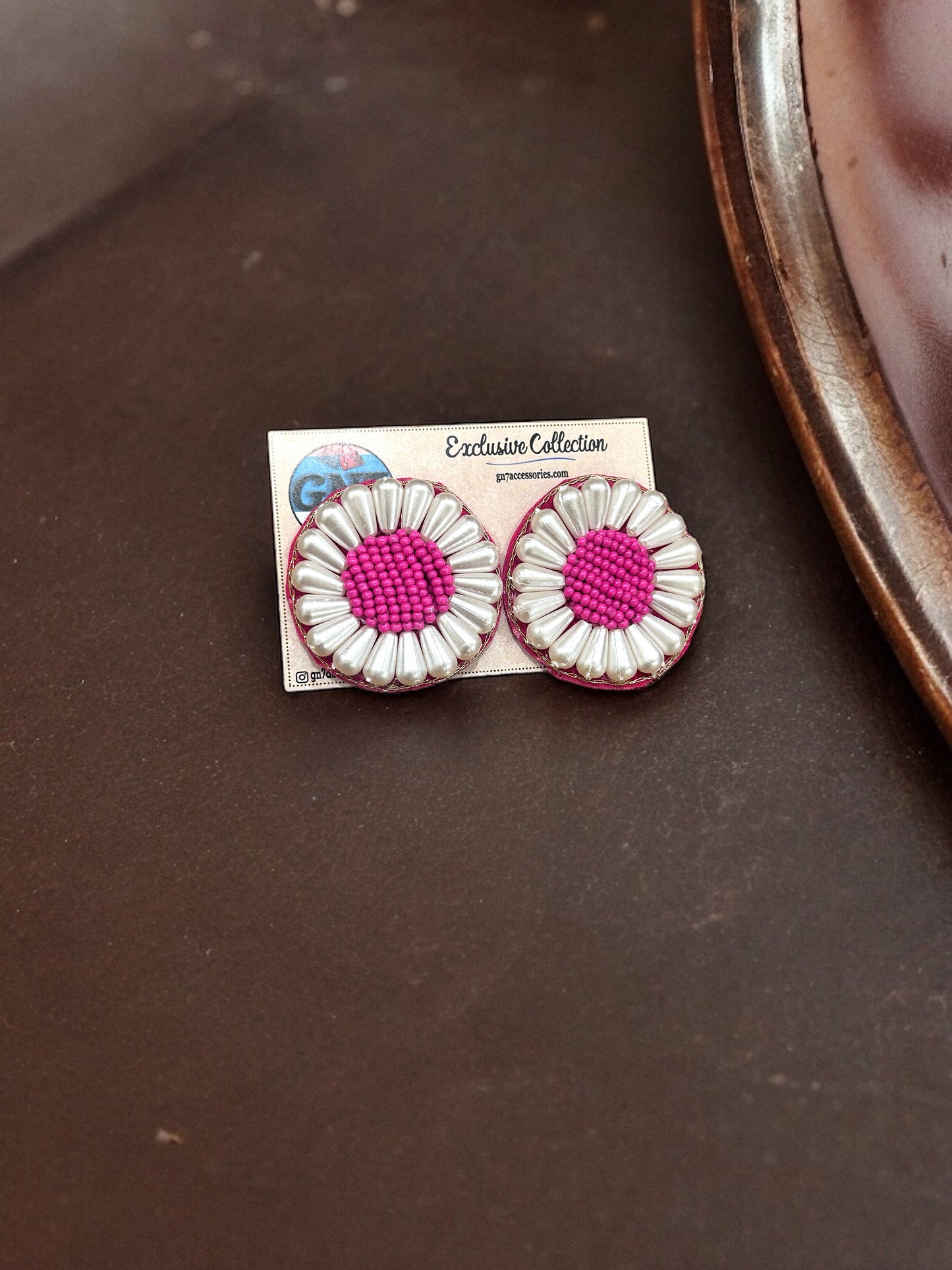 Pink white round beaded flower