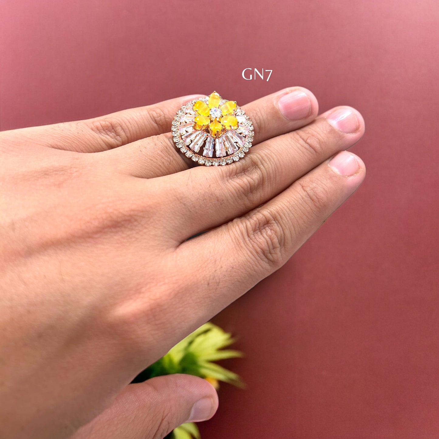 American diamond yellow flower ring